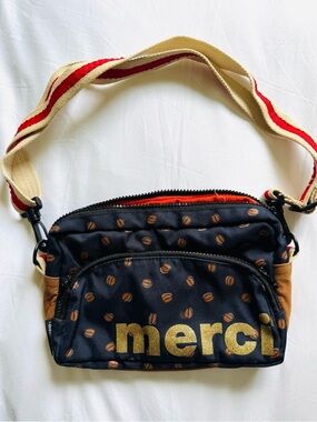 Mercibeaucoup Coffee Bean Cross Body Bag with Red-Trim Beige Strap
